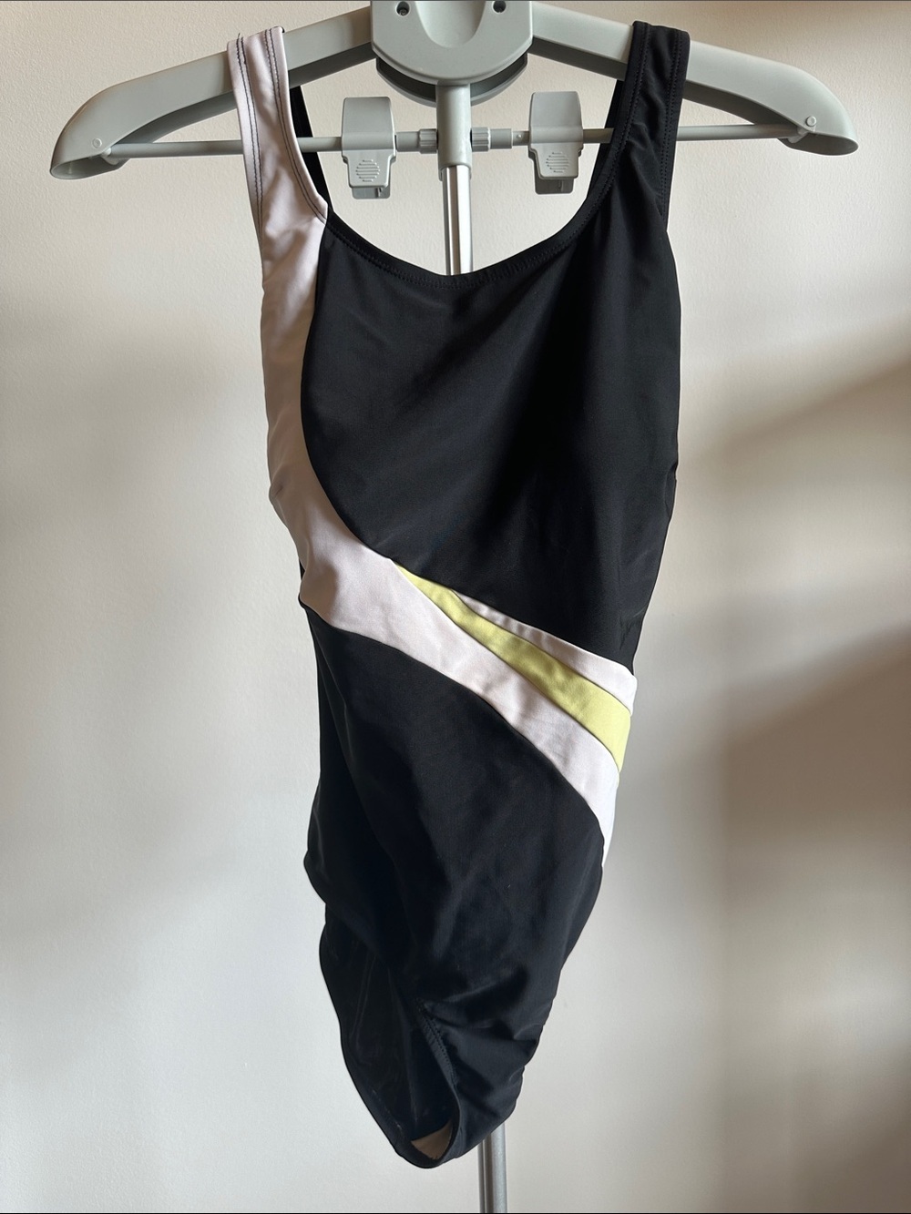 Black and White Women's Swimsuit with White and Light Lime Stripe